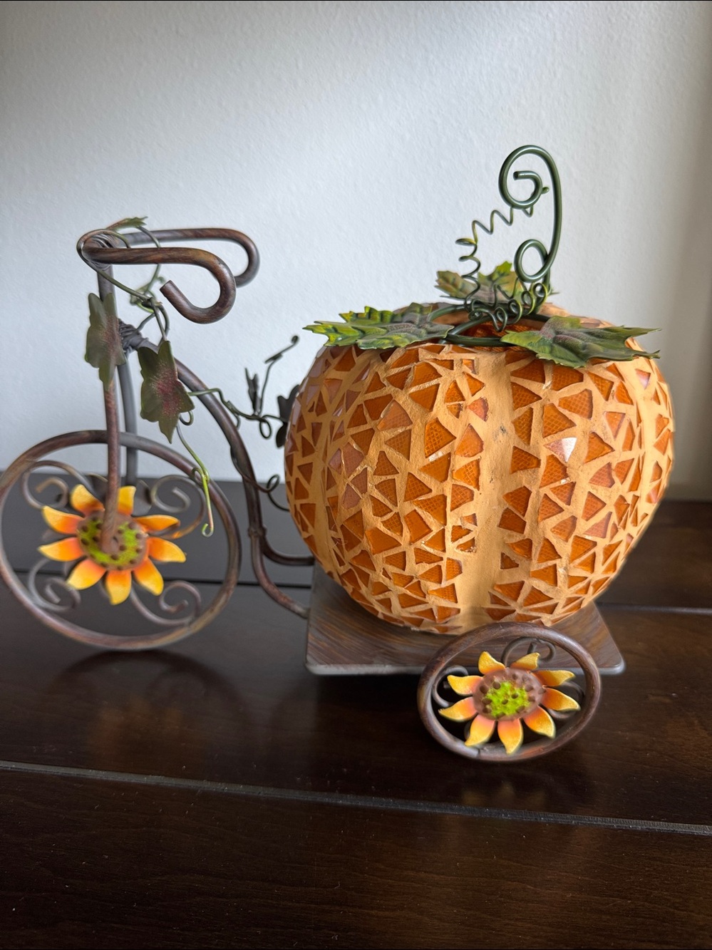 Vintage glass mosaic pumpkin on metal Tricycle tealight holder